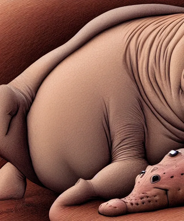 Image similar to tired humanoid hippo lying in bed, closeup, accurate features, focus, very intricate ultrafine details, masterpiece, 8 k hd, realistic shaded lighting, digital painting, artstation, concept art, kids book illustration, sharp focus, illustration, art by geof darrow,