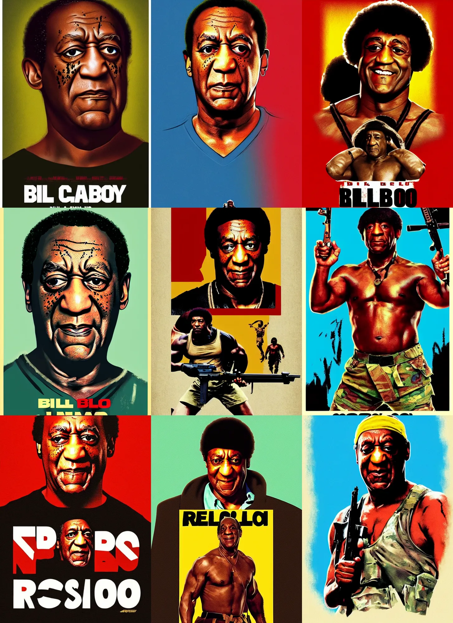 Prompt: bill cosby as rambo, 1 9 8 0 s movie poster, vibrant art, minimalist, trending on artstation