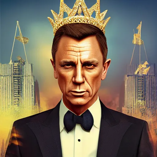 Image similar to James Bond with a diamond jeweled crown with a golden crown, photo-realistic, highly detailed, 8k, in the art style of Filip Hodas, 8k