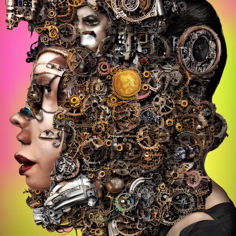 Image similar to profile portrait of a woman, computer parts, mechanical parts, by giuseppe arcimboldo, steampunk, cyberpunk, futuristic, psychedelic, surreal, sci - fi, vaporwave, alien, dreamlike.