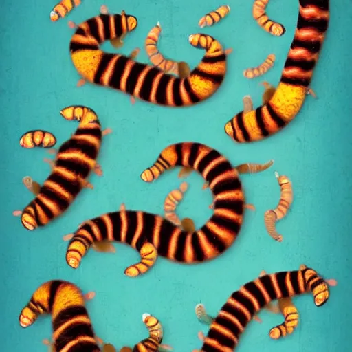 Image similar to fantasy illustration of cute, kitten-sized, tut-krogh caterpillars that spin a magic silk