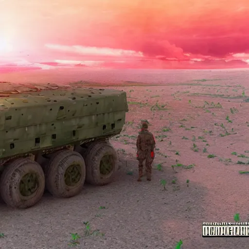 Image similar to Watermelon as military vehicle with epic weapons, launching rockets on a battlefield in russian city as background. More Military vehicle less watermelon . Concept digital 3D art in style of Caspar David Friedrich, super rendered in Octane Render, epic RTX dimensional dramatic light