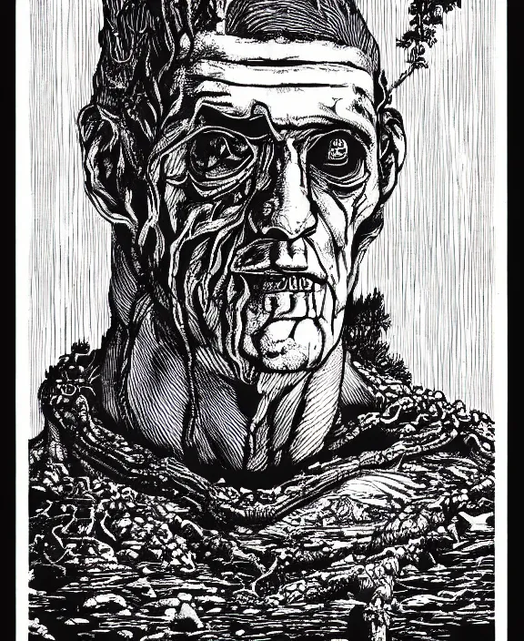 Prompt: frankenstein, art by james o barr and albrecht durer, woodblock print, engraved, black and white, vector, vector art