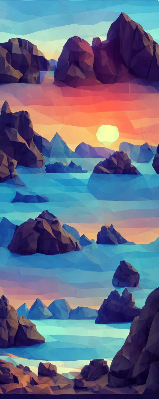 Image similar to super detailed color cutout lowpoly art, northern sunset with rocks on front, monochrome photorealistic bay in the middle of perspective and mountains at background, big graphic vessel in the middle of composition, unreal engine, high contrast color palette, 3 d render, lowpoly, colorful, digital art, perspective, full volume composition, robb cobb, robert mccall, syd mead