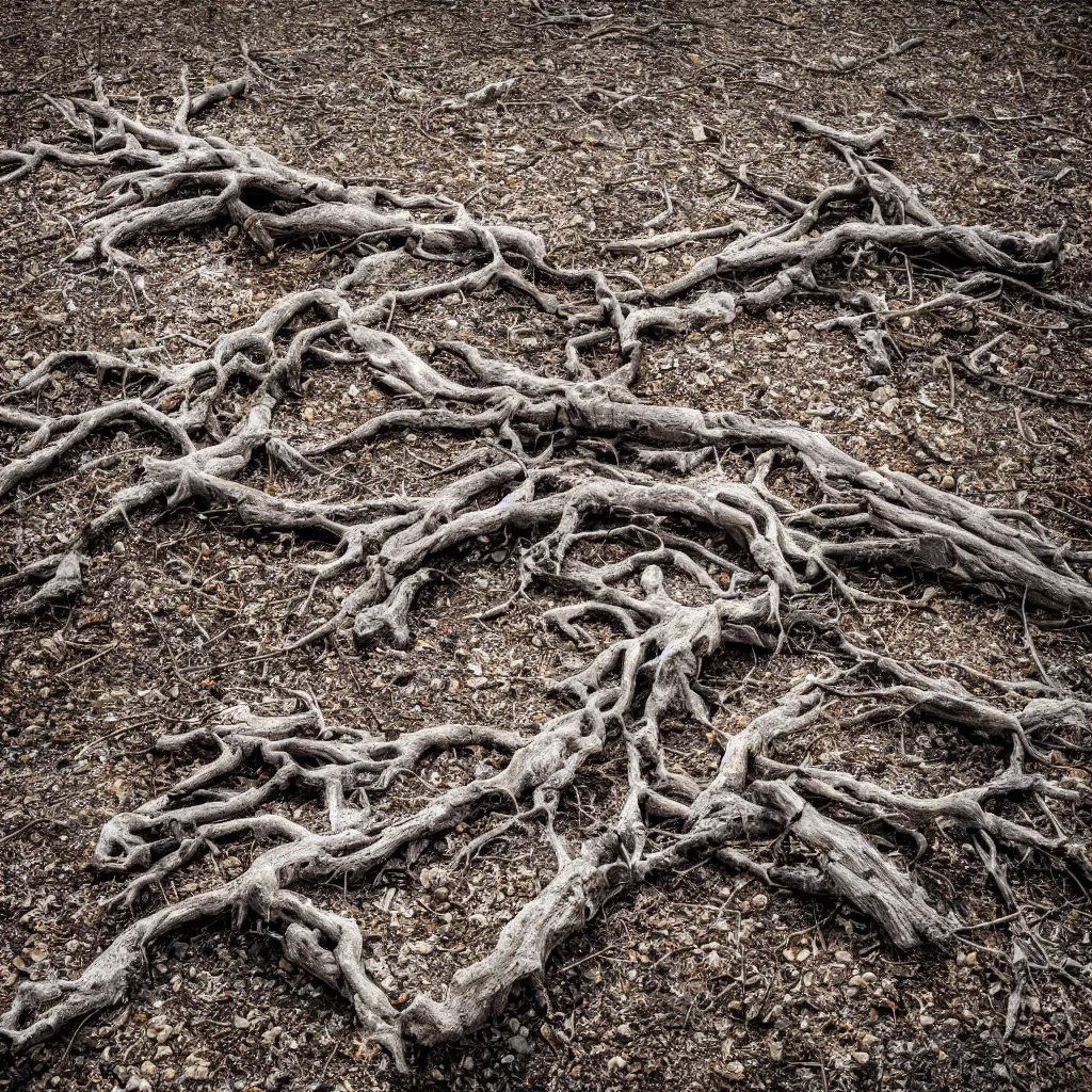 Image similar to a dry and dead tree in a forest of coal and eroded stones, dust, wind, dirt, advertising photography