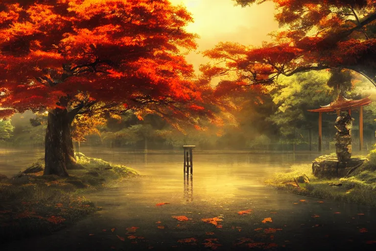 Prompt: hypnagogic reflections by makoto shinkai, centered torii gate, japanese countryside, dark atmoshperic, autumn skyscape, anime wallpaper, 4k, trending arstationhq, daily deviation