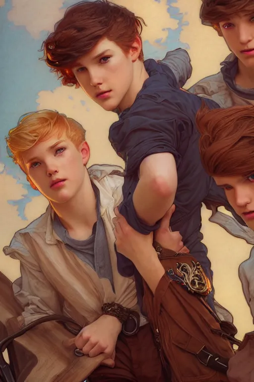 Prompt: cinematic portrait of three mischievous teen brothers!!, three teenage boys - blond boy, brunette boy and redhead boy by artgerm, cushart krenz, greg rutkowski, mucha. art nouveau. gloomhaven, rowdy brothers, vibrant colors, sharp edges. ultra clear detailed. 8 k. elegant, intricate, octane render