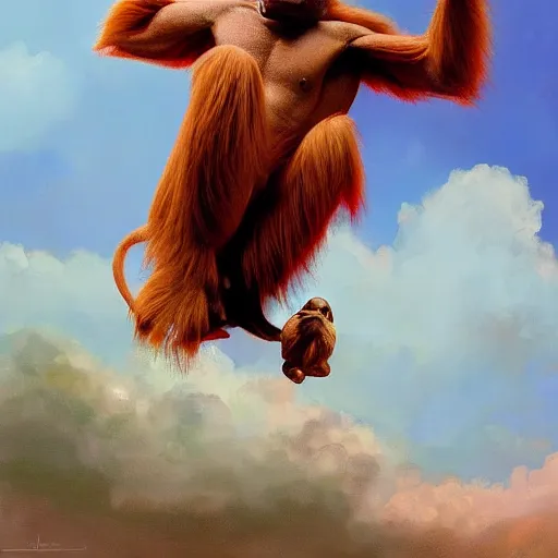 Prompt: painting of orangutan surfing through the sky, by artgerm, by justin cheung, by greg hildebrandt, by wlop, charlie bowater, golden ratio, symmetric, elegant, ornate, luxury, elite, matte painting, cinematic, trending on artstation, deviantart and cgsociety, 8 k, high resolution