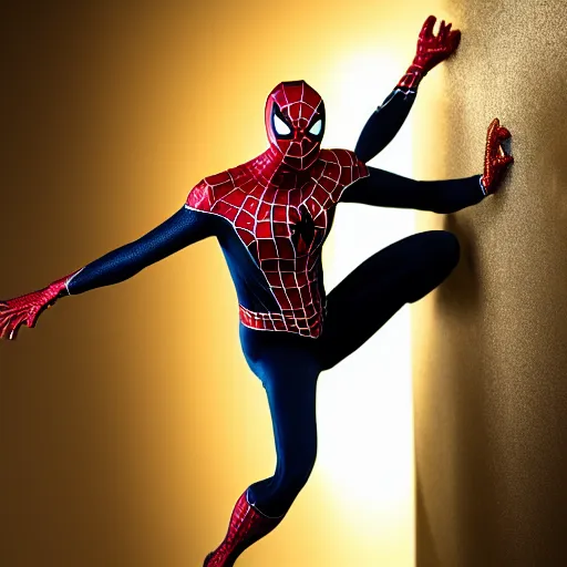 Image similar to gold spider - man suit with black web lining, cinematic, volumetric lighting, realistic, hyperdetailed, photorealistic, photograph