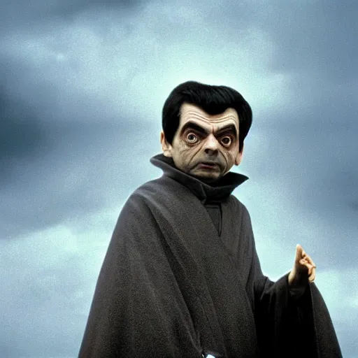 Image similar to mr. bean as darth sidious in star wars, film still, cinematic lighting, highly detailed