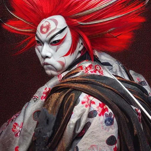 Image similar to an epic portrait of insane kabuki male wielding a spear covered in a distorting aura, intricate hakama, poofy red wig, eerie, highly detailed, dark fantasy, shallow depth of field, art by artgerm and greg rutkowski