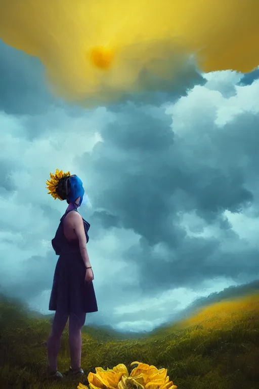 Image similar to closeup girl with giant yellow dahlia flower on head, standing on mountain, surreal photography, blue storm clouds, dramatic light, impressionist painting, digital painting, artstation, simon stalenhag