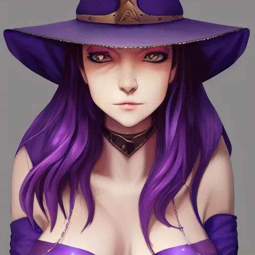 Prompt: card art of a young female occult magician with dark purple hair, pale skin, extra large witch hat, character design, well-endowed, realistic face, symmetrical face, digital painting, anime visual style, game art, soft lighting, tonemapping, highly detailed, sharp focus, realism, vibrant colors, ArtStation, trending on ArtStation, DeviantArt, Zeronis