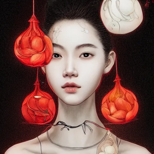 Image similar to the face of an incredibly beautiful, graceful, elegant, and sophisticated young chinese model dressed as a bulb of garlic, an ultrafine detailed illustration by james jean, intricate linework, bright colors, final fantasy, behance contest winner, vanitas, angular, altermodern, unreal engine 5 highly rendered, global illumination, radiant light, detailed and intricate environment