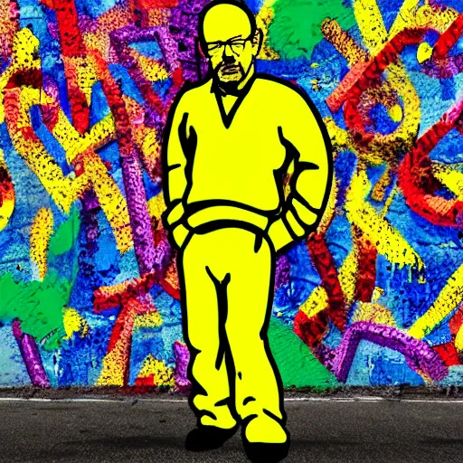 Image similar to multicolor 3 d render of walter white graffiti wearing yellow outfit by roy lichtenstein in 4 k ultra high resolution, with depressive feeling