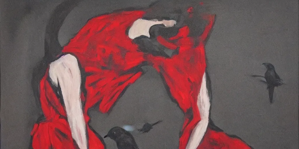 Prompt: painting, very dark, woman in a red dress, faceless, crows