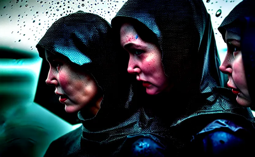 Image similar to cinestill 5 0 d candid photographic portrait by steve mccurry of two loving female androids sobbing wearing rugged black mesh techwear in treacherous waters, flooded city, medium closeup, retrofuturism cyberpunk moody emotional cinematic, pouring iridescent rain bright spotlight helicopter, 8 k, hd, high resolution, 3 5 mm, f / 3 2, ultra realistic faces, ex machina