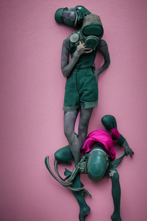 Image similar to a surreal portrait of intertwined and contorted figures wearing gas mask next to a pink wall in the style of brooke didonato, editorial fashion photography from vogue magazine, full shot, nikon d 8 1 0, ƒ / 2. 5, focal length : 8 5. 0 mm, exposure time : 1 / 8 0 0, iso : 2 0 0