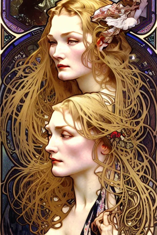 Prompt: realistic detailed face portrait of Veronica Lake by Alphonse Mucha, Ayami Kojima, Yoshitaka Amano, Charlie Bowater, Karol Bak, Greg Hildebrandt, Jean Delville, and Mark Brooks, Art Nouveau, Pre-Raphaelite, Neo-Gothic, gothic, Art Nouveau, intricate fine details, exquisite, rich deep moody colors, beautiful detailed background