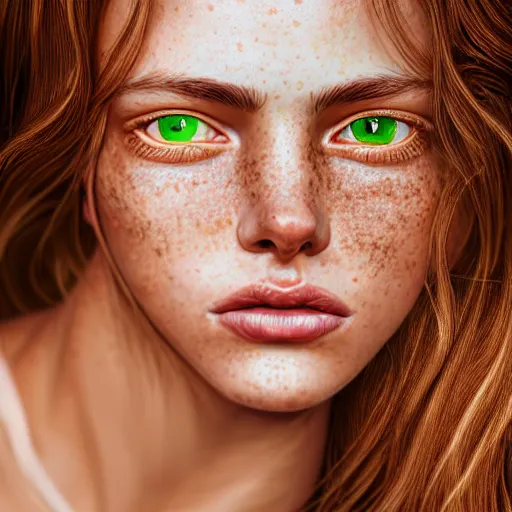 Image similar to intricate crisp portrait of a cute thin young woman, light bronze brown hair, very detailed vivid green eyes, red blush, light freckles, soft smile, casual clothes, relaxing on the couch, home interior, golden hour, close up shot, 8 k, art by irakli nadar, hyperrealism, hyperdetailed, ultra realistic