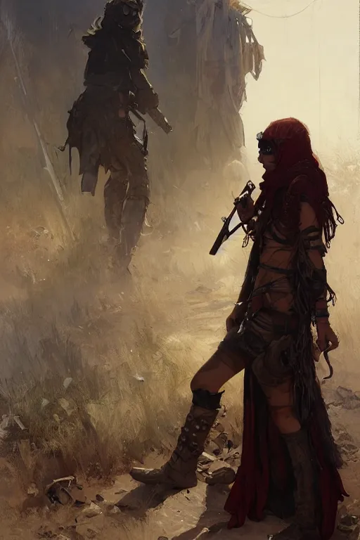 Image similar to a full body portrait of a beautiful post apocalyptic offworld police district bedouin blind pulp fiction scarlet wild rogue barbarian leper begging by the roadside, intricate, elegant, highly detailed, digital painting, artstation, concept art, smooth, sharp focus, illustration, art by krenz cushart and artem demura and alphonse mucha