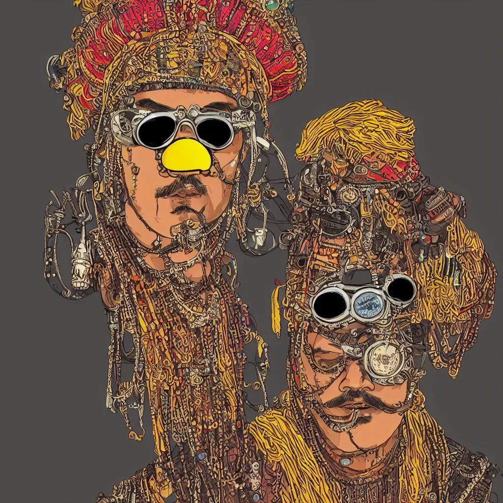 Prompt: face portrait of an indian man with long neon moustache rajasthani headgear wearing madmax style steampunk goggles and steampunk jewelry, art by jean leon gerome, sticker, colorful, illustration, highly detailed, simple, smooth and clean vector curves, no jagged lines, vector art, smooth