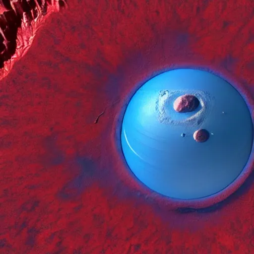 Image similar to a picture of an alien planet, taken from orbit, blue planet, red lava rivers, center of the frame