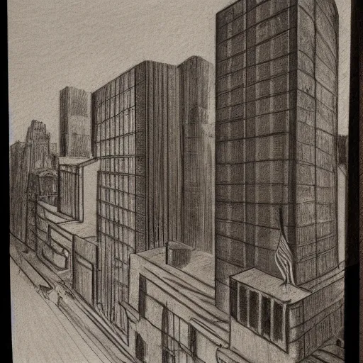 Image similar to a pencil sketch of 2 people sitting on the edge of a building looking away from the camera, tall rectangular buildings in the background, planes flying overhead