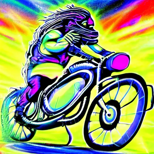 Image similar to psychedelic blacklight airbrush artwork, hyper stylized action shot of an orc biker riding a motorcycle, airbrushed on a black background