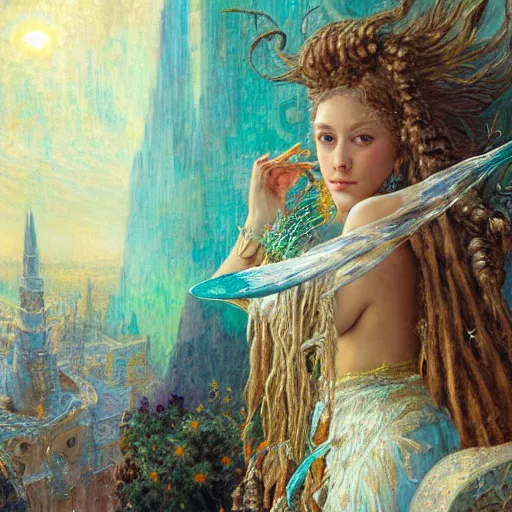 Prompt: intricate detail, hyper detail, by gaston bussiere, greg rutkowski, sandro botticelli, lady of elche, techno mystic princess intergalactica, inanna, ashteroth, with aqua rapunzel dreadlocks, detailed, masterpiece, sharp focus,