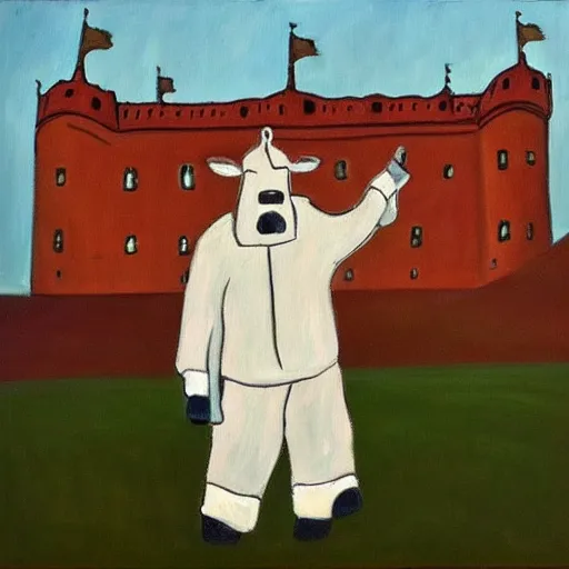 Image similar to painting by larsson, cow, dressed, anthropomorphic!!, wearing!!! clothes!!!, standing next to royal castle!!!