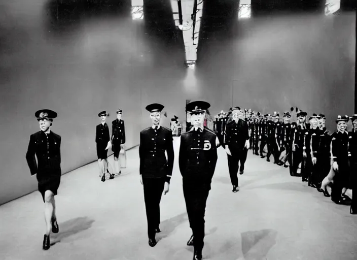 Image similar to SS officers in black SS uniforms walking on the catwalk of a Hugo Boss fashion show in the early 40's, promotional pictures, 8k, colourised and restored