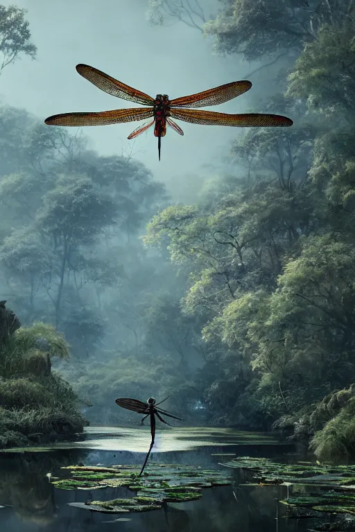 Image similar to a portrait of a dragonfly above a pond by Greg Rutkowski, Sung Choi, Mitchell Mohrhauser, Maciej Kuciara, Johnson Ting, Maxim Verehin, Peter Konig, final fantasy , mythical, 8k photorealistic, cinematic lighting, HD, high details, atmospheric,