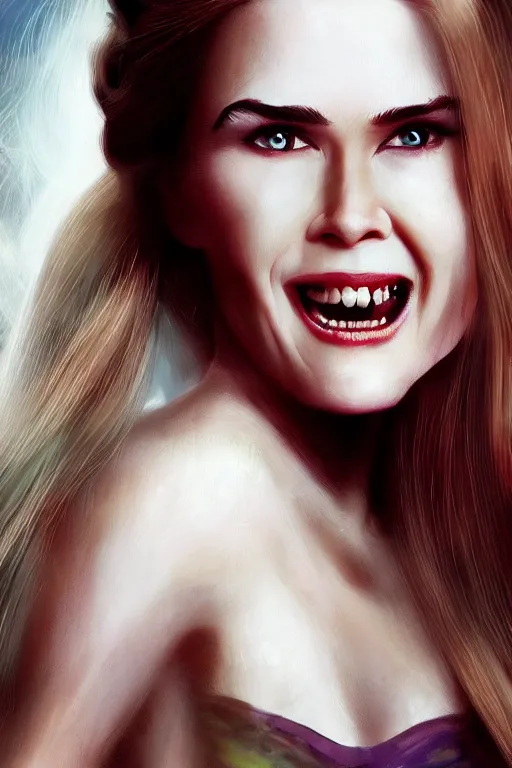 Image similar to mix of beautiful young maria shriver, mariel hemmingway, brooke shields, nicole kidman and elle macpherson as a vampire with mouth open with sharp teeth, thin lips, hair tied up in a pony tail, dark blonde hair, colorful, artstation, cgsociety