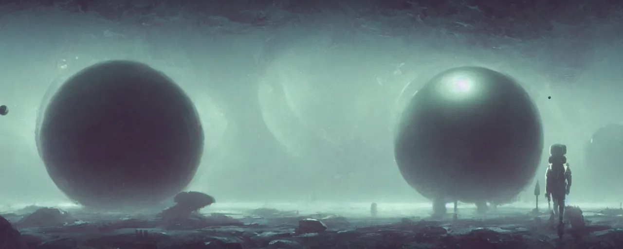 Image similar to ” outer planet with thick fog and alien artefacts, [ cinematic, detailed, epic, widescreen, opening, establishing, mattepainting, photorealistic, realistic textures, octane render, art by paul lehr ] ”