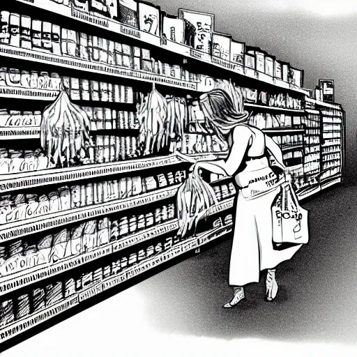 Image similar to storybook illustration of a woman in a supermarket trying to reach for something on the top shelf, storybook illustration, monochromatic