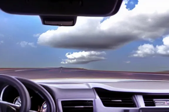 Prompt: dash cam footage of a car floating a giant mouth in the sky