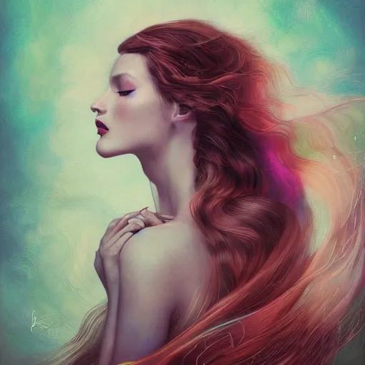 Image similar to a painting of a woman with long hair, digital art by anna dittmann, behance contest winner, psychedelic art, behance hd, detailed painting, iridescent