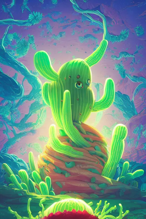 Image similar to roots cactus sushi cristal smurf ghost creature animal sushi cristal very big eye roots cactus elemental flush of force nature micro world fluo fishscale, behance hd by jesper ejsing, by rhads, makoto shinkai and lois van baarle, ilya kuvshinov, rossdraws radiating a glowing aura global illumination ray tracing hdr