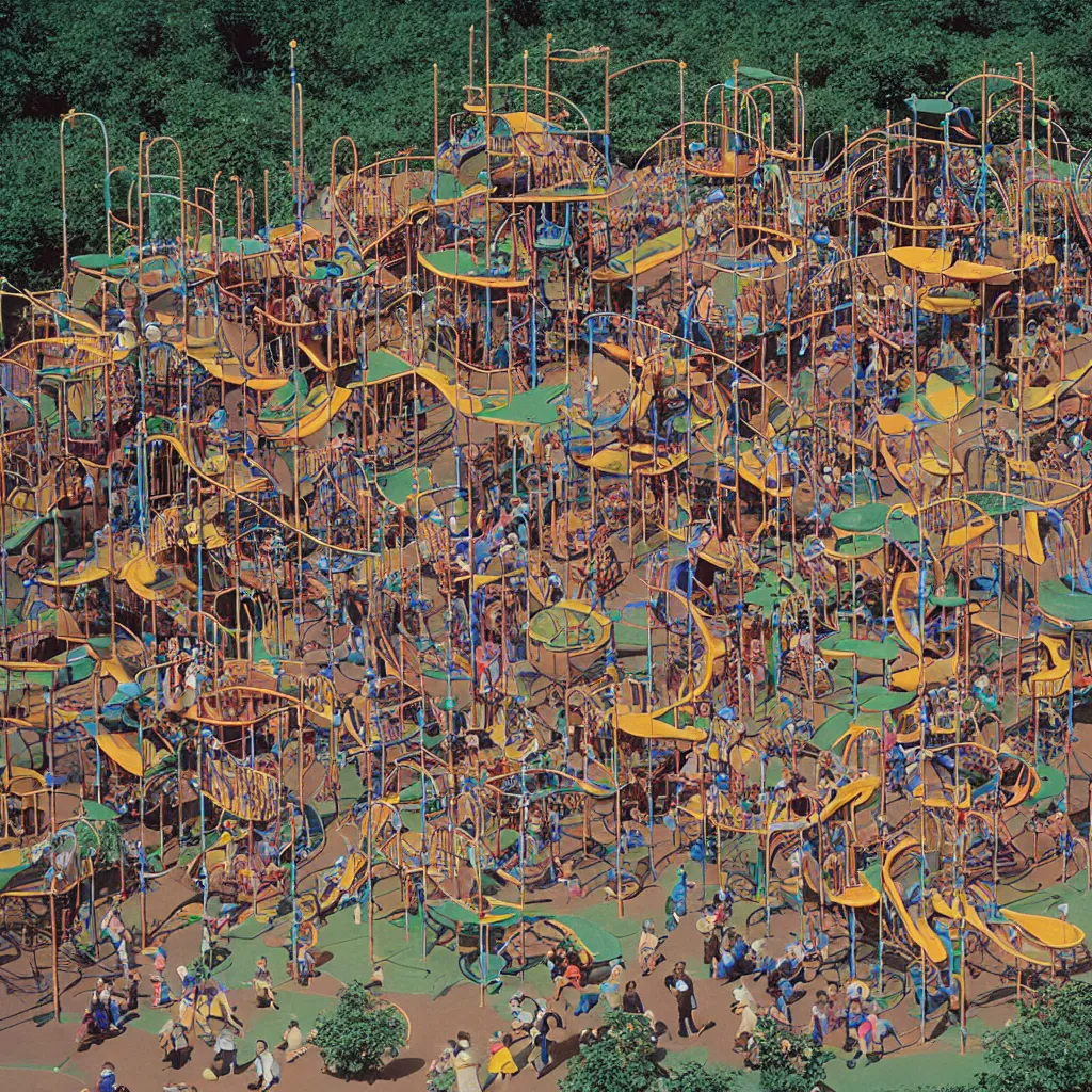 Image similar to full - color closeup 1 9 7 0 s photo of a vast incredibly - large complex very - dense tall many - level playground in a crowded schoolyard. the playground is made of dark - brown wooden planks, and black rubber tires. it has many spiral staircases, high bridges, ramps, and tall towers.