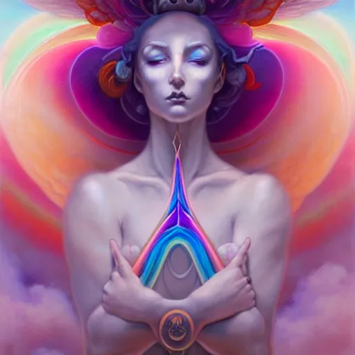 Image similar to psychedelic angelic celestial being artwork of peter mohrbacher, ayahuasca, energy body, sacred geometry, esoteric art, rainbow colors, realist, abstract and surreal art styles with anime and cartoon influences divinity