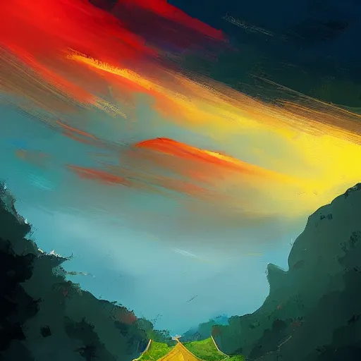 Prompt: beautiful digital art of a trail of clouds across the sky, beautiful, award - winning, digital art, yellow to red to blue sky, antview, perspective, by alena aenami, trending on artstation