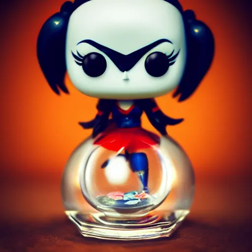 Prompt: funko pop of harley quinn inside a crystal ball, trending on artstation, hdr, instagram photo, photo studio