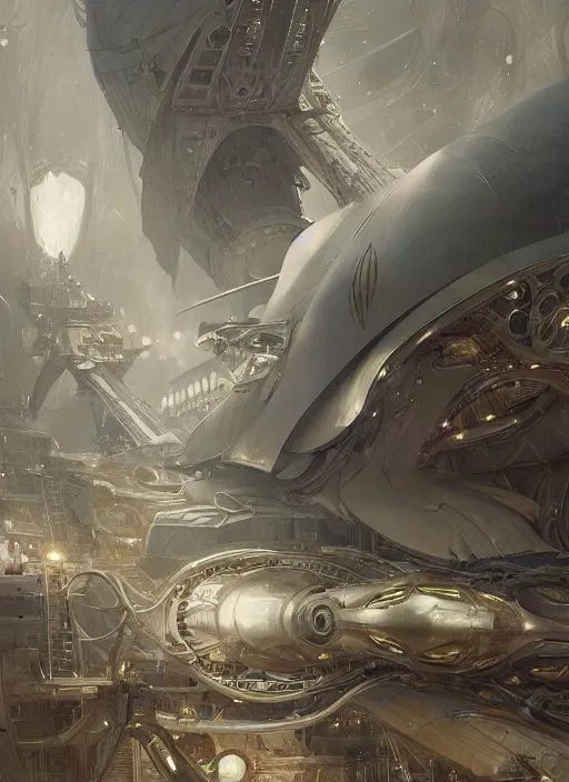 Image similar to epic concept illustration, highly detailed, intricate mechanical design, hard science concept art, star fleet nautilus ship being prepared for launch, by greg rutkowski and alphonse mucha. uhd, cinematic lighting, amazing depth, cinematography by 2 0 1 7