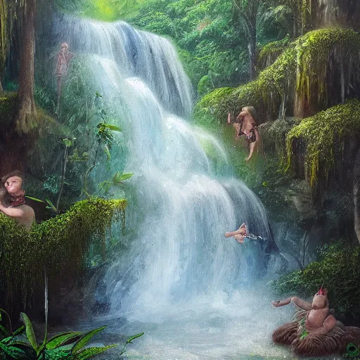 Image similar to a waterfall homogeneous to tears near a tumultuously overgrown jungle, intricately detailed oil painting, trending on artstation, cgsociety contest winner, 4 k quality