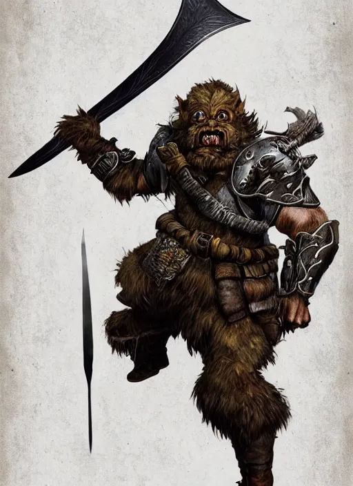 Image similar to strong young man, photorealistic bugbear ranger holding aflaming sword, black beard, dungeons and dragons, pathfinder, roleplaying game art, hunters gear, jeweled ornate leather and steel armour, concept art, character design on white background, by alan lee, norman rockwell, makoto shinkai, kim jung giu, poster art, game art