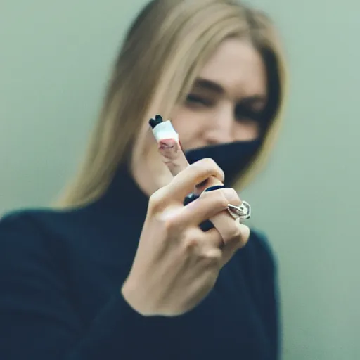 Image similar to a normal female hand with a five fingers and ring and, a cigarette, smoke