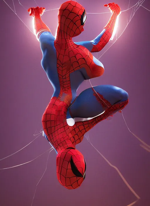 Image similar to spiderman in a plastic bikini, hyper detailed, digital art, trending in artstation, cinematic lighting, studio quality, smooth render, unreal engine 5 rendered, octane rendered, art style by klimt and nixeu and ian sprigger and wlop and krenz cushart