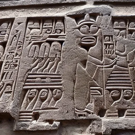 Image similar to ancient hieroglyphs from an alternate universe carved in stone just discovered at a archeological site