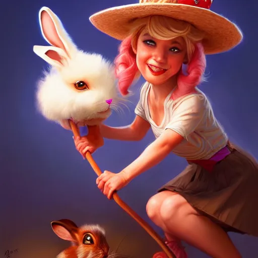 Prompt: painting of Trixie Lulamoon pulling a rabbit out of her hat, extremely detailed, trending on artstation, Artstation HQ, deviantart, by Artgerm, by Justin Gerard